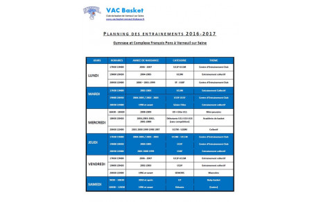 Planning des entrainements 2016 -2017