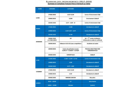 Planning des entraînements 2017-2018